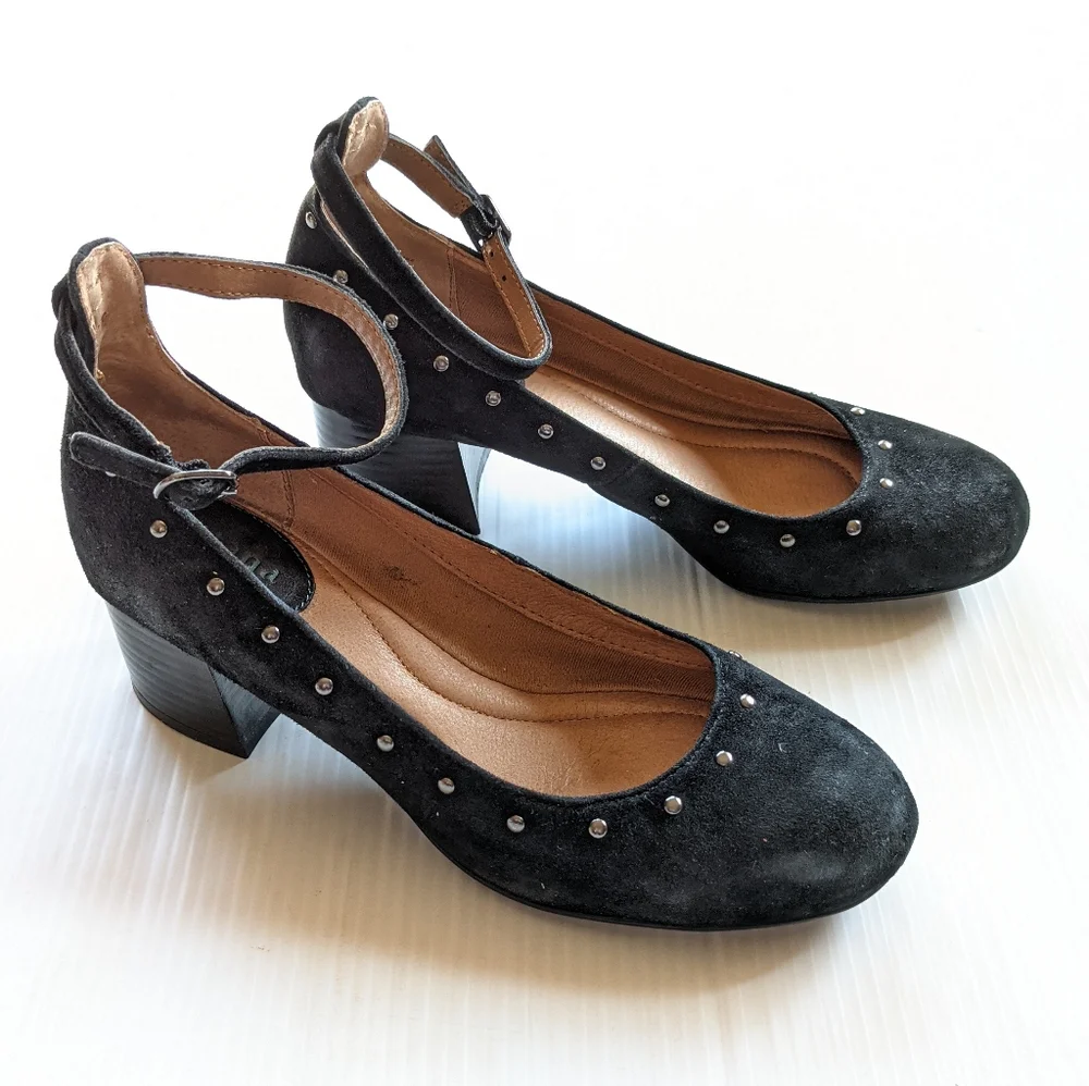 MONTANA Carg Silver Studded Black Suede Ankle Strap Block Heel Pumps size 7